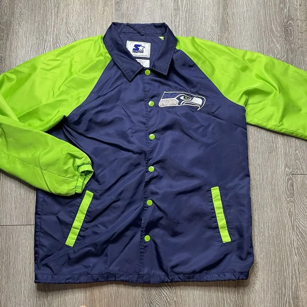 Seattle Seahawks Starter Jacket Satin Color Rush Bomber Lined Button Up Vtg L